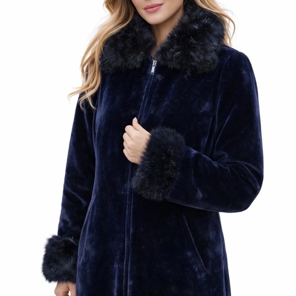 dennis basso Jackets & Blazers - Dennis Basso Midnight Navy Blue Faux Fur Coat Jacket Hooded Plush Womens M Lux